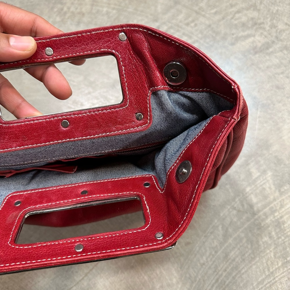 Christopher Kon Canadian Designer Red Leather Clutch with Heavy Metal Handle - Picture 9 of 13